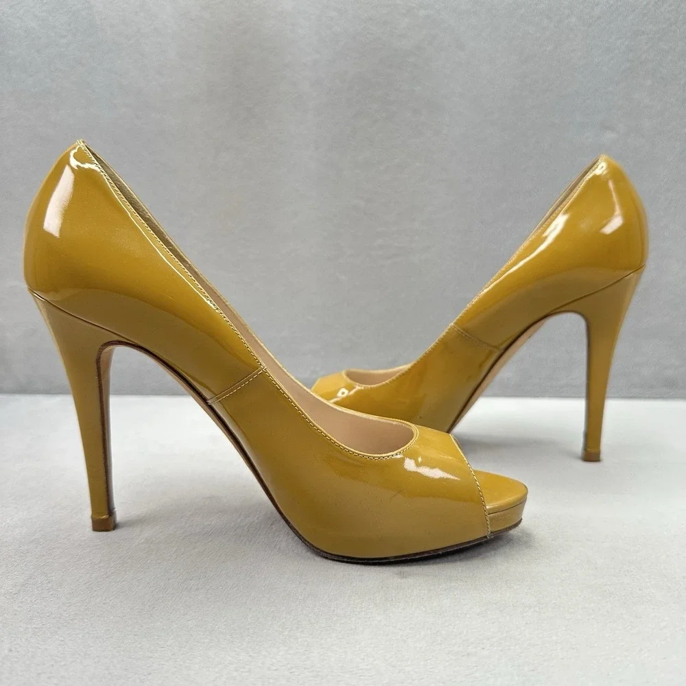 Womens 6.5 / EU 37.5 LK Bennett Pumps Mustard Patent Leather Stiletto Peep Toe